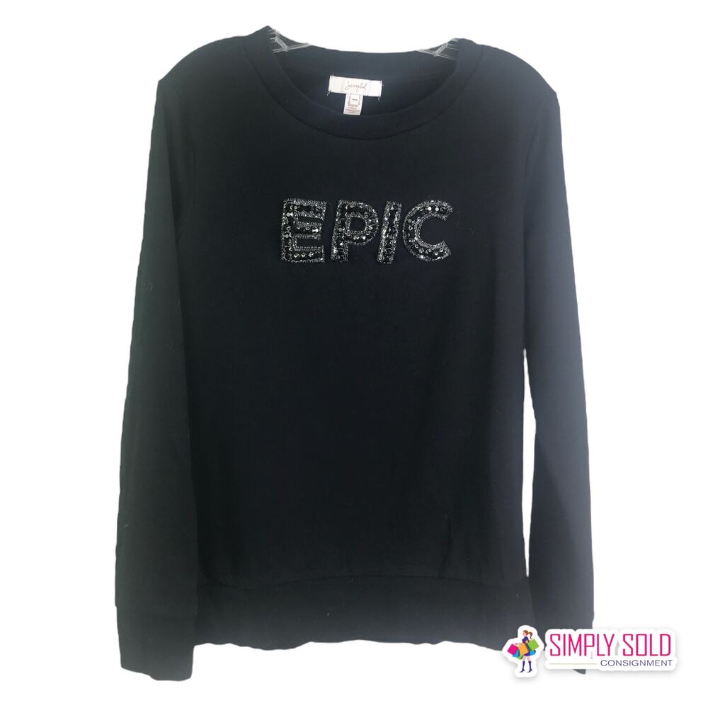 Scripted Womens Sz M Long Sleeve T-Shirt Beaded EPIC Logo Black Cotton Crew Neck